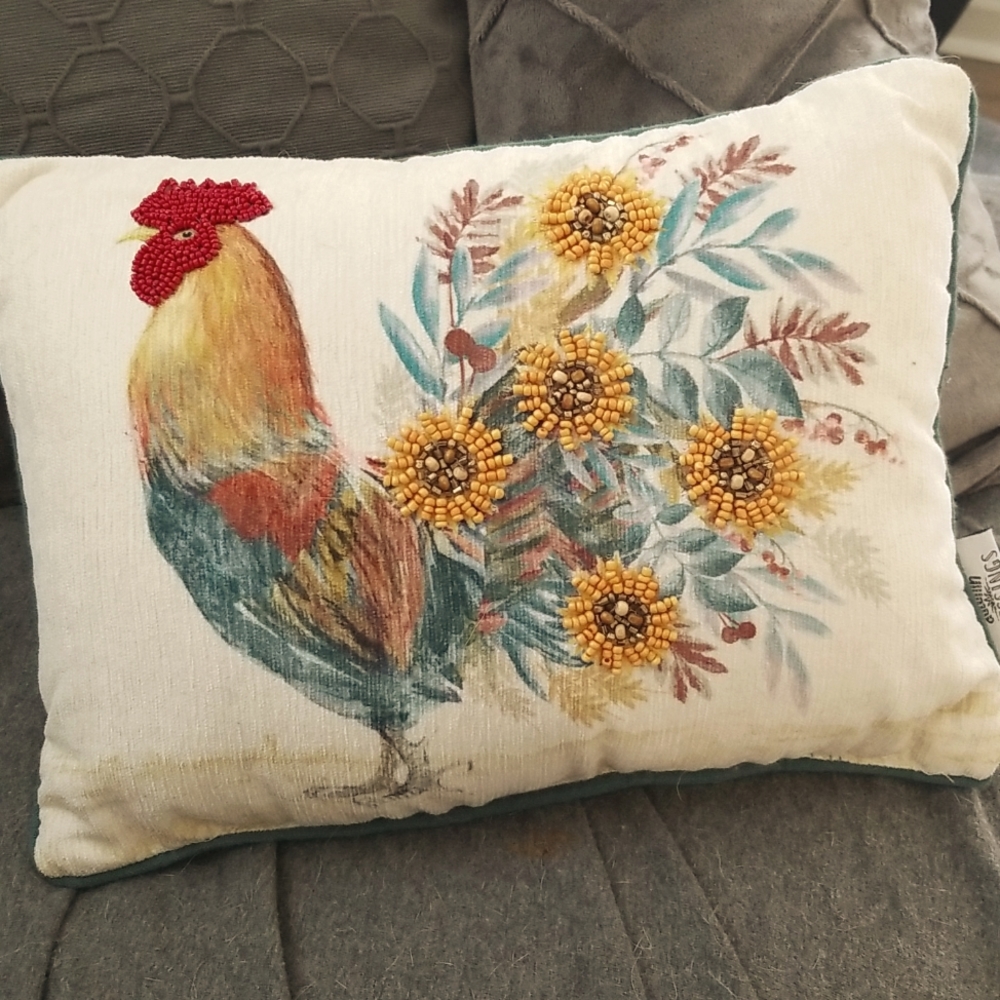 Vintage Autumn Blessings Rooster Beaded Accent Pillow